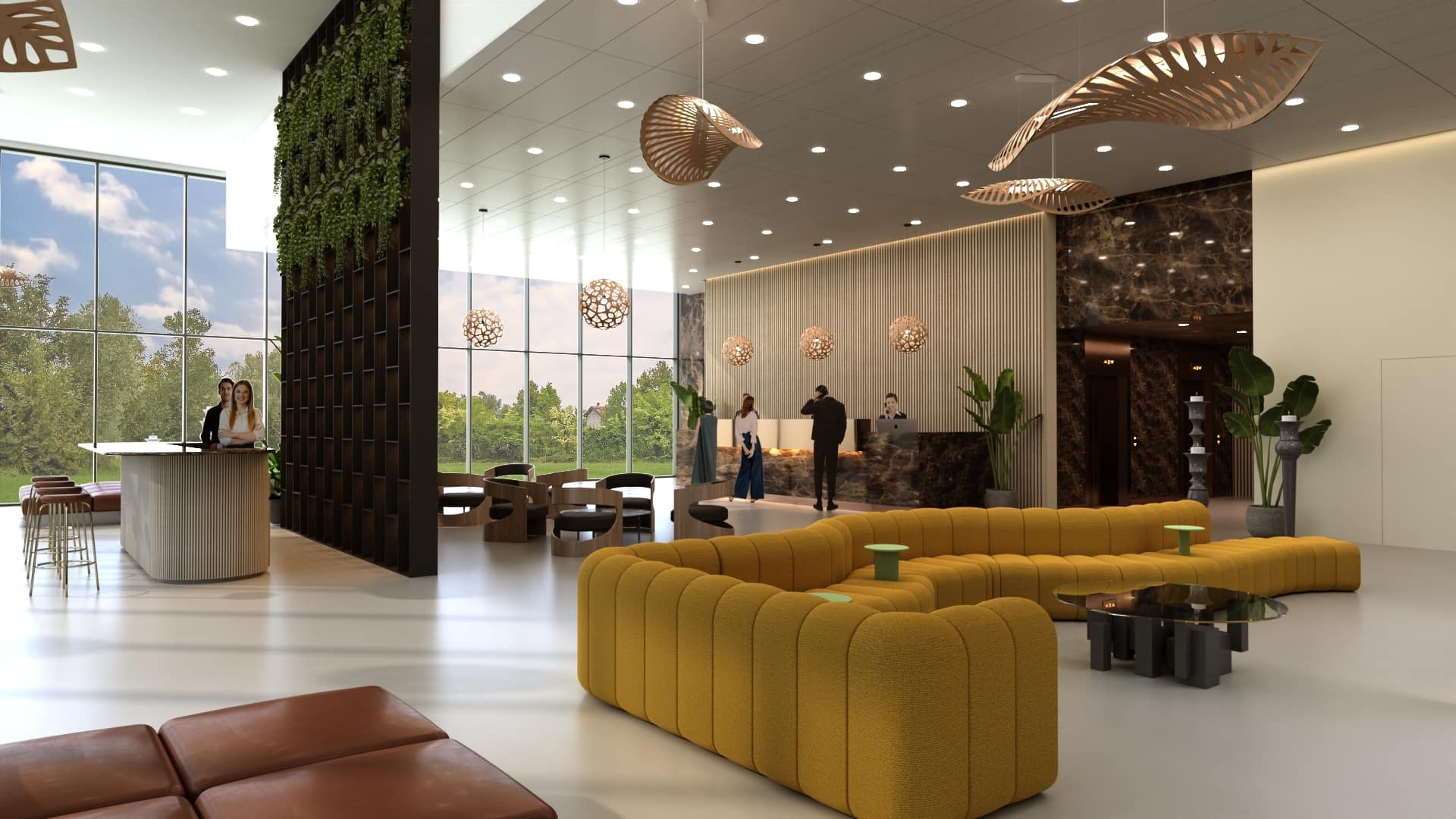 Render ArredoCAD ingresso hotel con divano giallo e lampade Trubridge