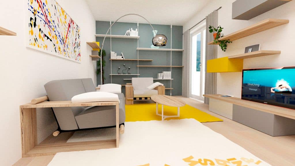 Render ArredoCAD zona giorno con mensole