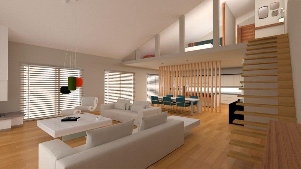 Render ArredoCAD open space con scala in legno e soppalco