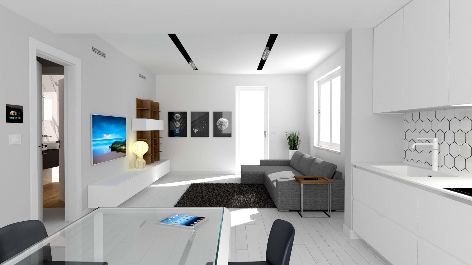 Render ArredoCAD living e cucina bianca con pavimento in legno