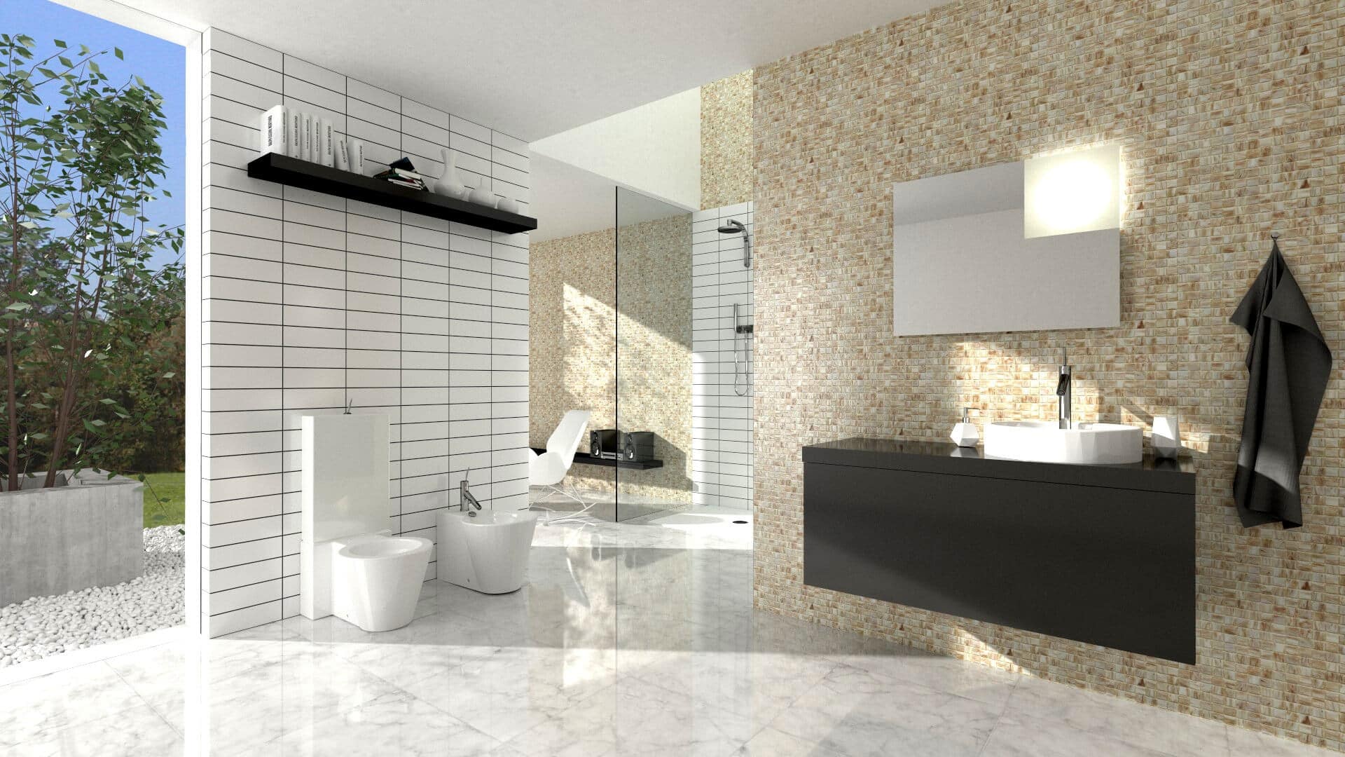 Render ArredoCAD bagno con rivestimenti mosaico e marmo