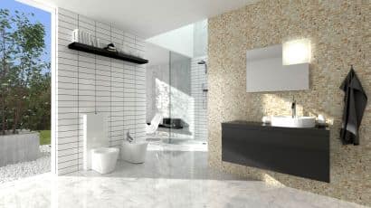 ArredoCAD bagno moderno con texture mattonelle e vista esterna