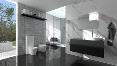 ArredoCAD bagno moderno con texture marmo e vista esterna