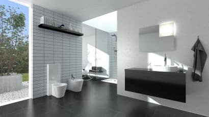 ArredoCAD bagno moderno con texture materiche e vista esterna