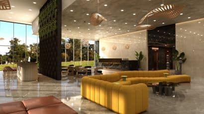 ArredoCAD rendering hotel wellcoming room giorno con divano giallo modulare