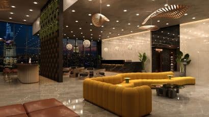 ArredoCAD rendering hotel welcoming room notturno con divano giallo modulare