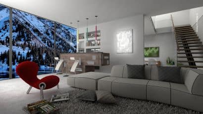 ArredoCAD rendering loft montagna con veduta innevata