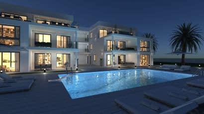 ArredoCAD rendering esterno notturno con piscina grande condominiale