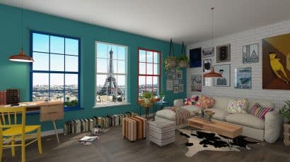 ArredoCAD rendering cucina e soggiorno pop con vista Parigi