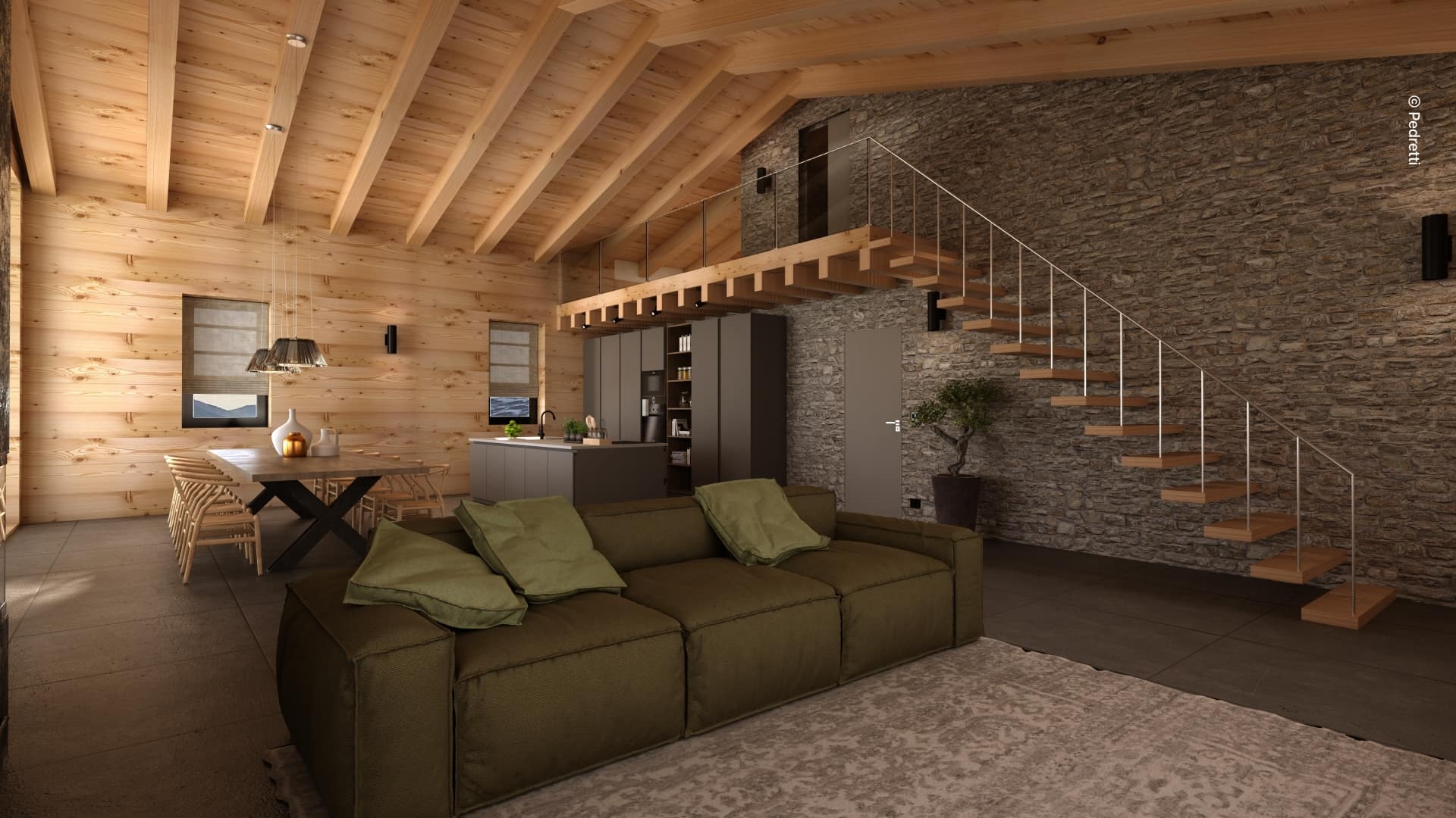 ArredoCAD rendering living loft di montagna