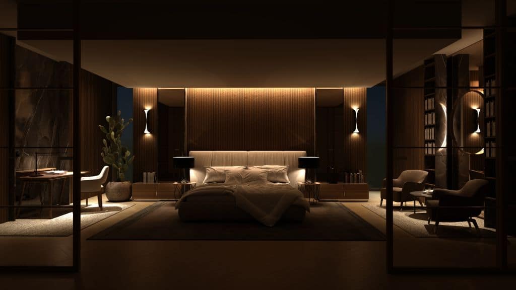 Hotel rendering fotorealistico con illuminazione naturale e artificiale progettata in ArredoCAD
