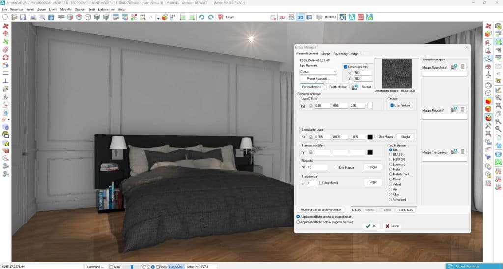 Arredamento camere hotel moderne: selezione di materiali e texture applicate su pareti, pavimento e tessili in ArredoCAD