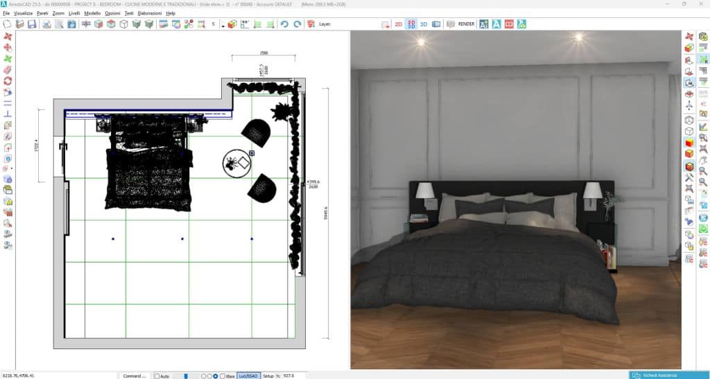 Progettazione camere hotel in 3D con ArredoCAD: vista render di una camera doppia moderna