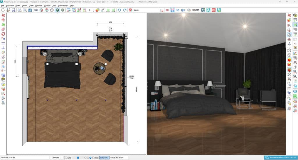 Screenshot of ArredoCAD Designer showing a 3D design of a colour-drenched room in photorealistic rendering
Caption