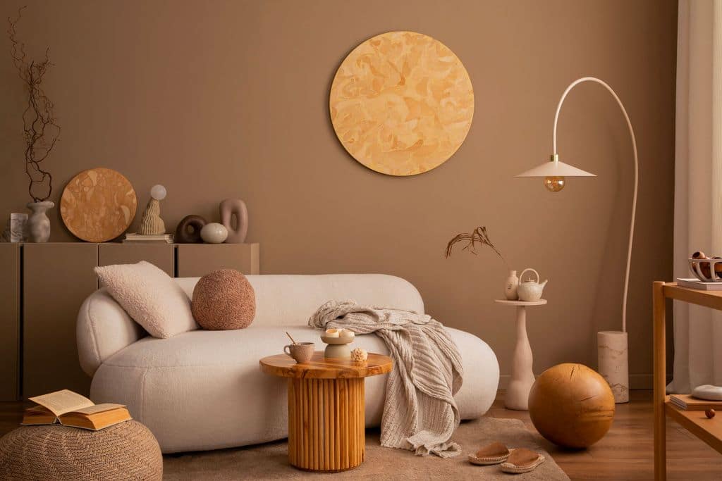 Detail of interior design materials including wood, fabrics, stone, and tactile surfaces