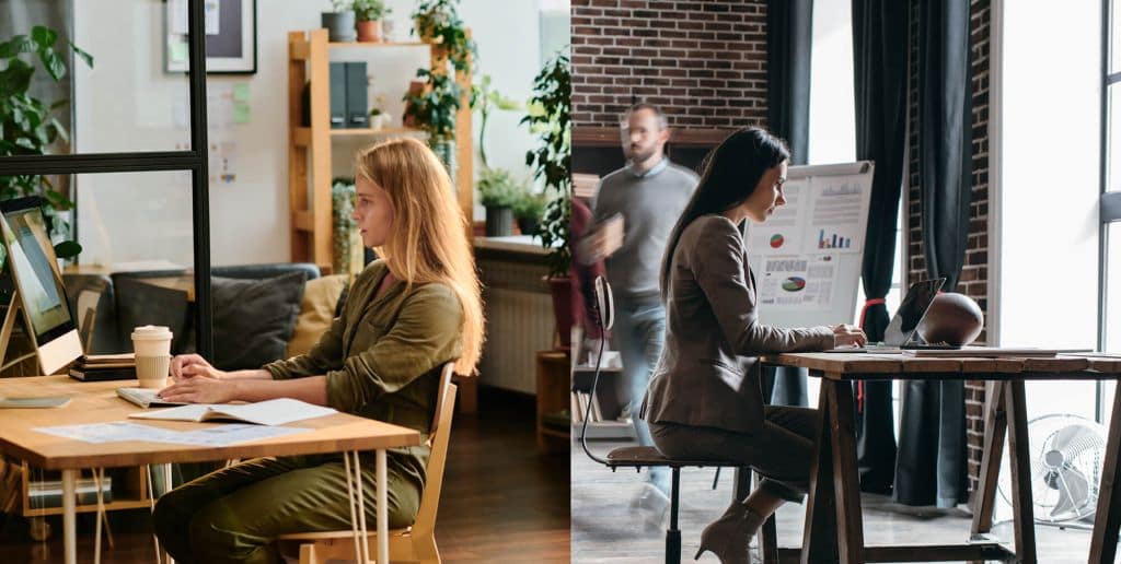Comparison of coworking styles: industrial interiors with exposed brick and Scandinavian spaces with light wood and neutral palettes.