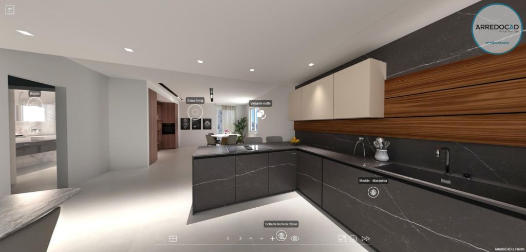 360° Virtual Tour of a kitchen environment created with ArredoCAD, featuring Florim surfaces applied to floors, walls, the kitchen island, and worktops.